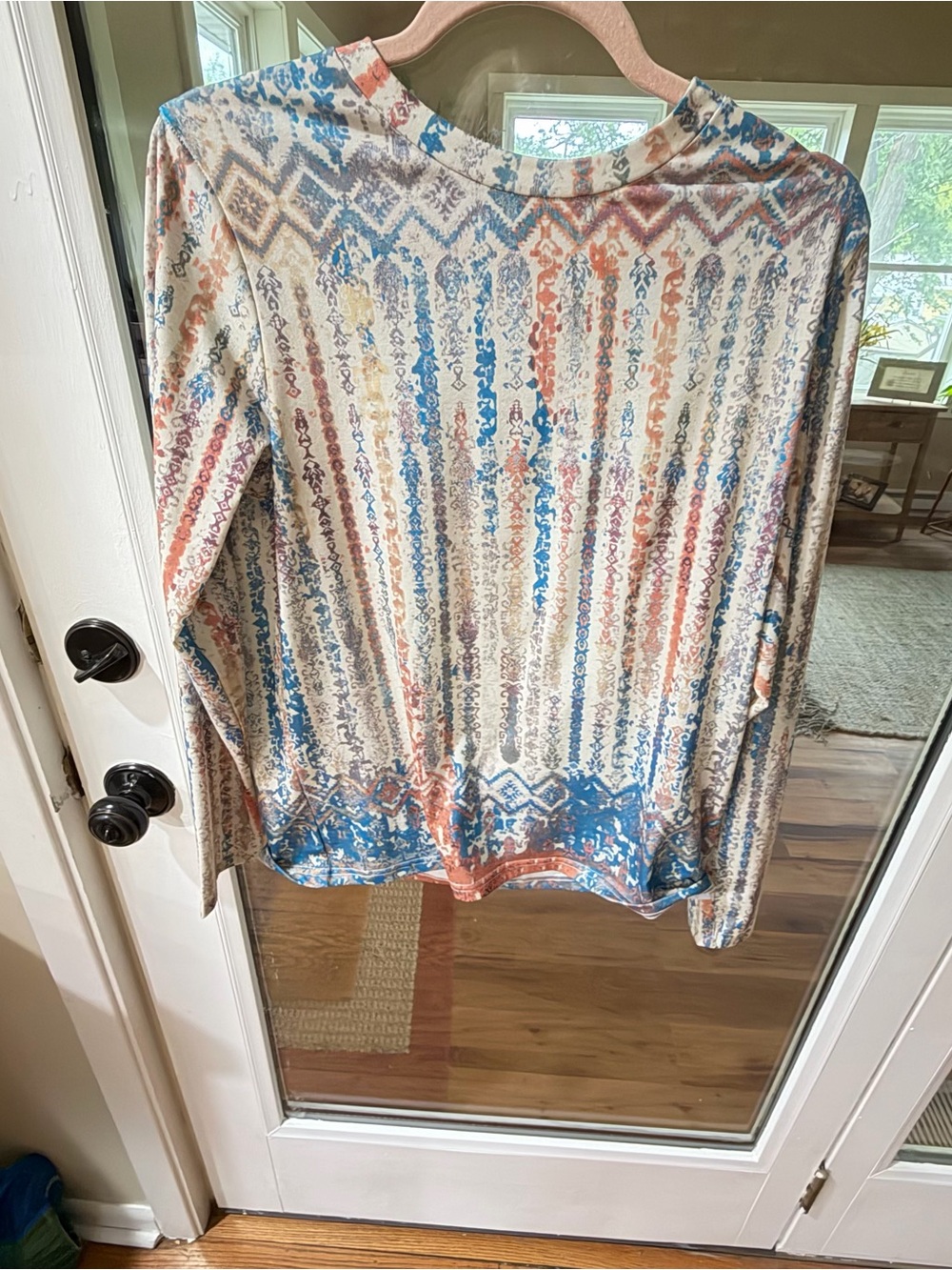 Boho Striped Aztec Print Long Sleeve Top - Blue & Coral